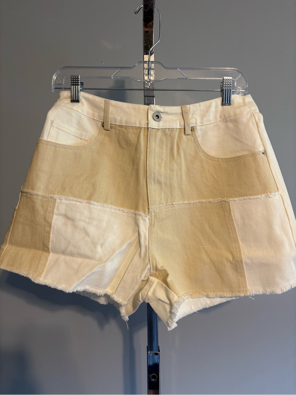 New In denim shorts white and tan button elastic waist in back pockets cut offs